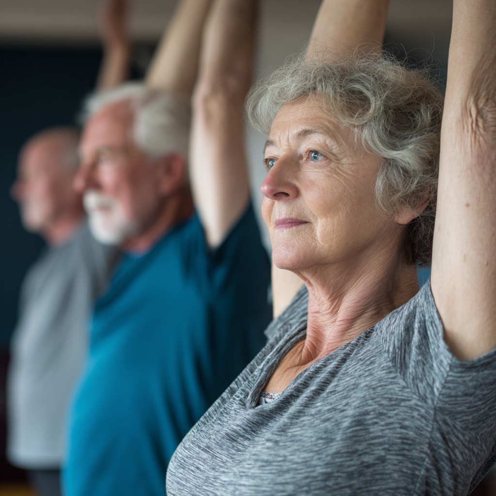Older adults maintaining daily mobility through gentle stretching and movement practices